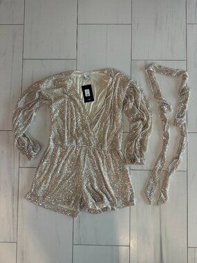 Fashion Nova Gold Sequin Romper Womens Large NWT Long Sleeve Party Club